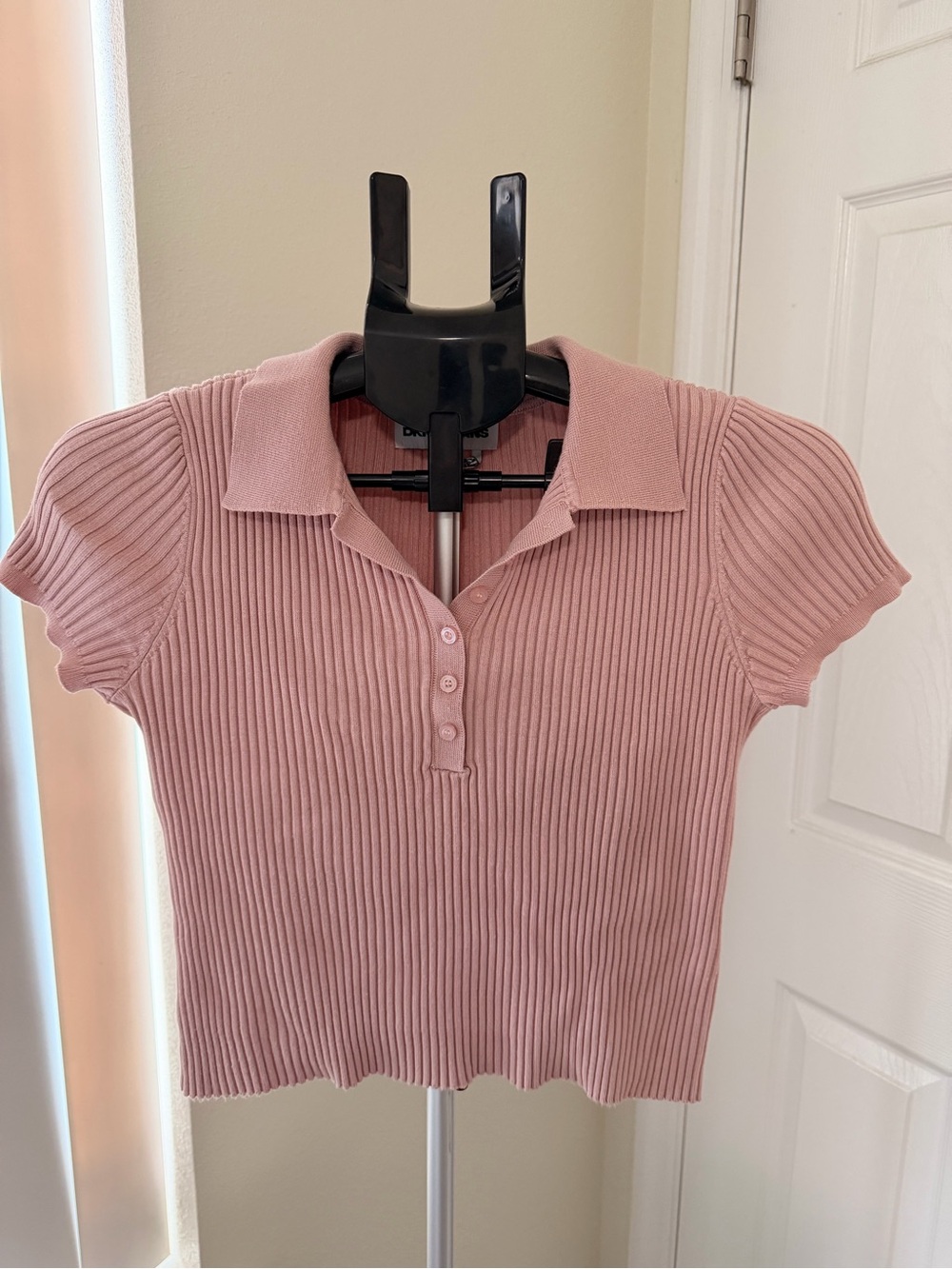 DKNY Ribbed Knit Polo Top in Dusty Pink